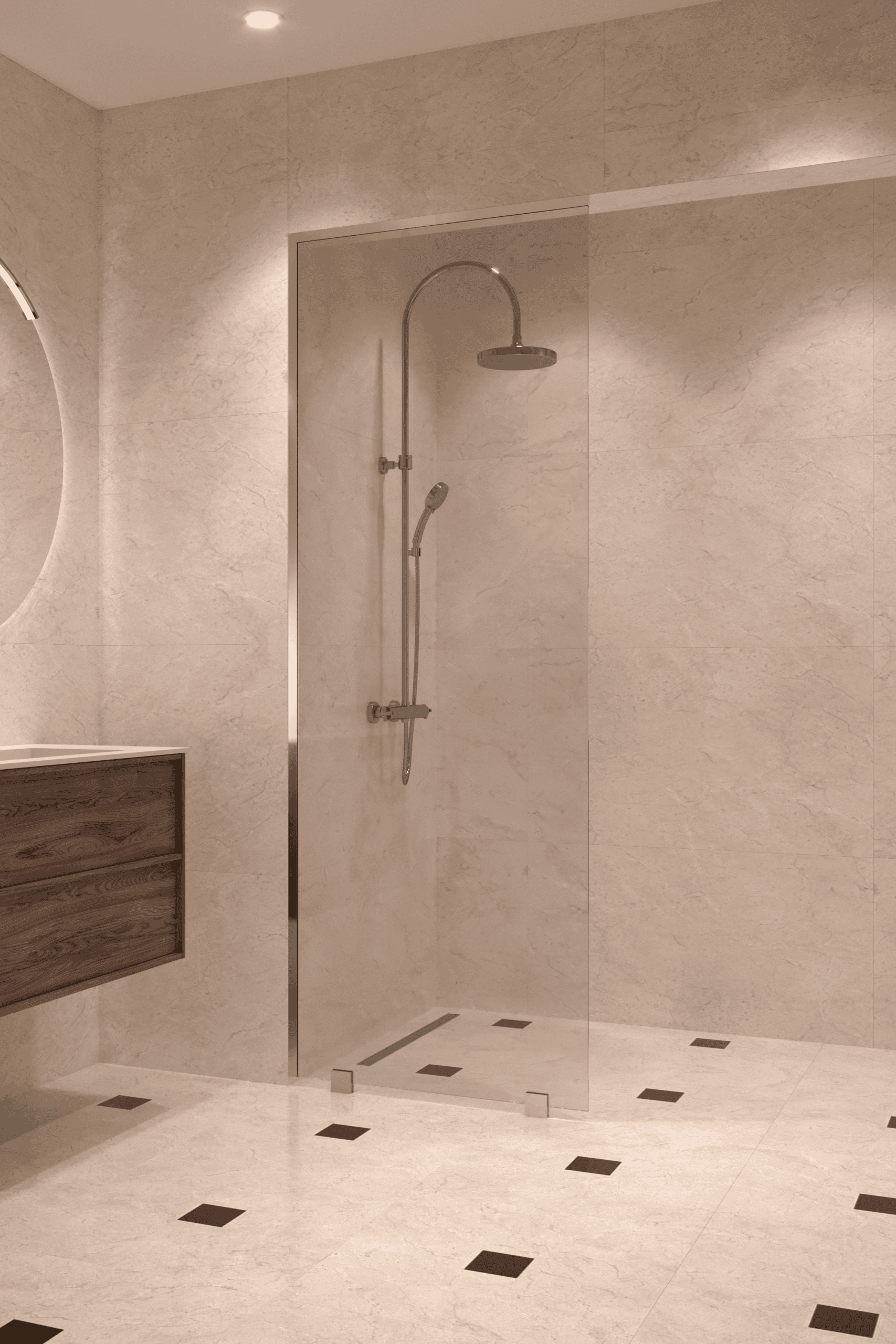 Partially framed fixed shower screen Hietakari Vetro 502, brass fittings, clear glass Partially framed fixed shower screen Hietakari Vetro 502, brass fittings, clear glass