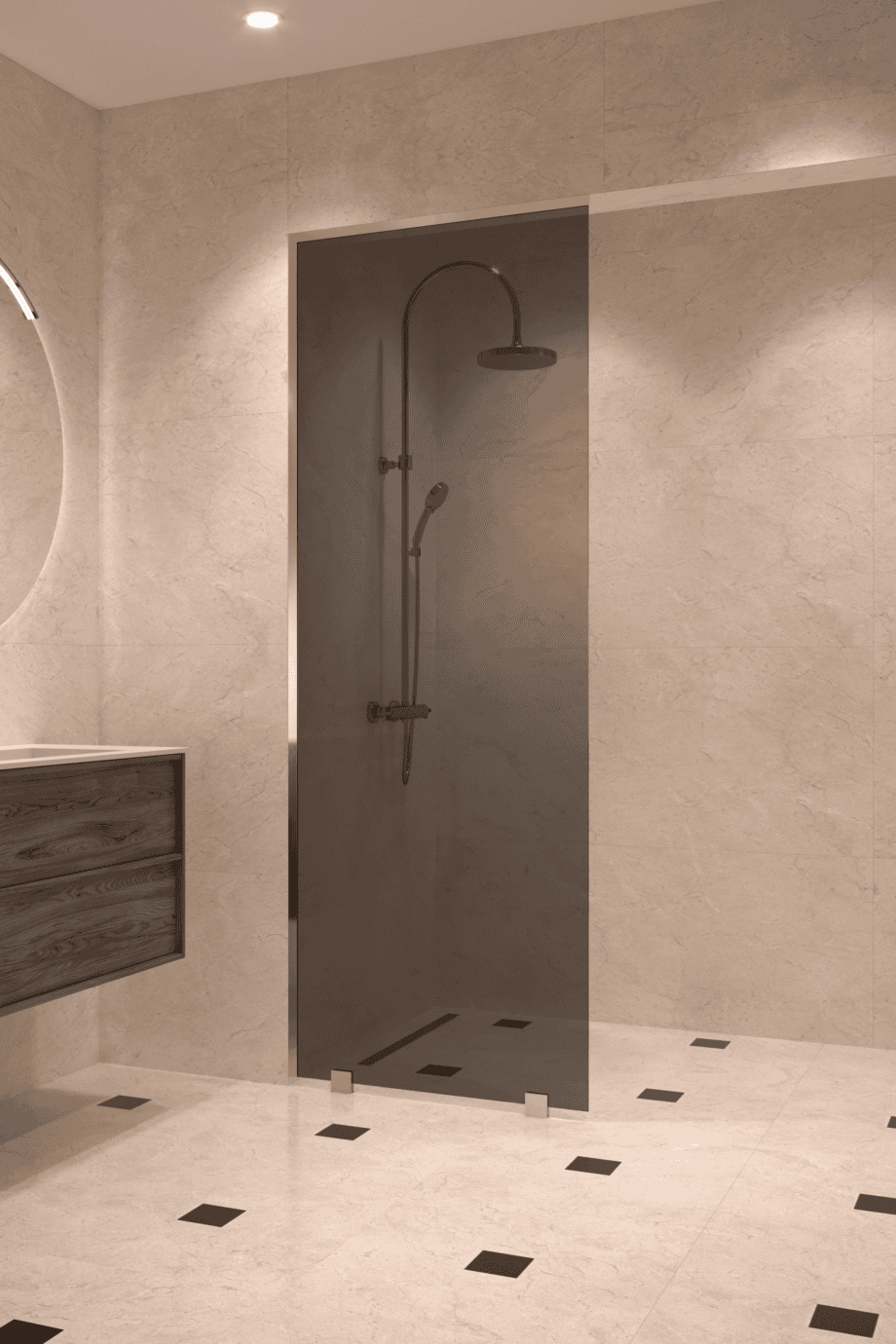 Partially framed fixed shower screen Hietakari Vetro 502, brass fittings, black glass Partially framed fixed shower screen Hietakari Vetro 502, brass fittings, black glass