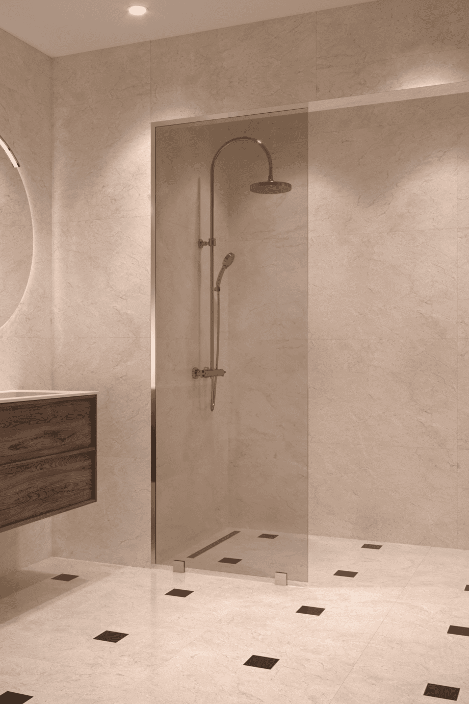 Partially framed fixed shower screen Hietakari Vetro 502, brass fittings, bronze tinted glass Partially framed fixed shower screen Hietakari Vetro 502, brass fittings, bronze tinted glass