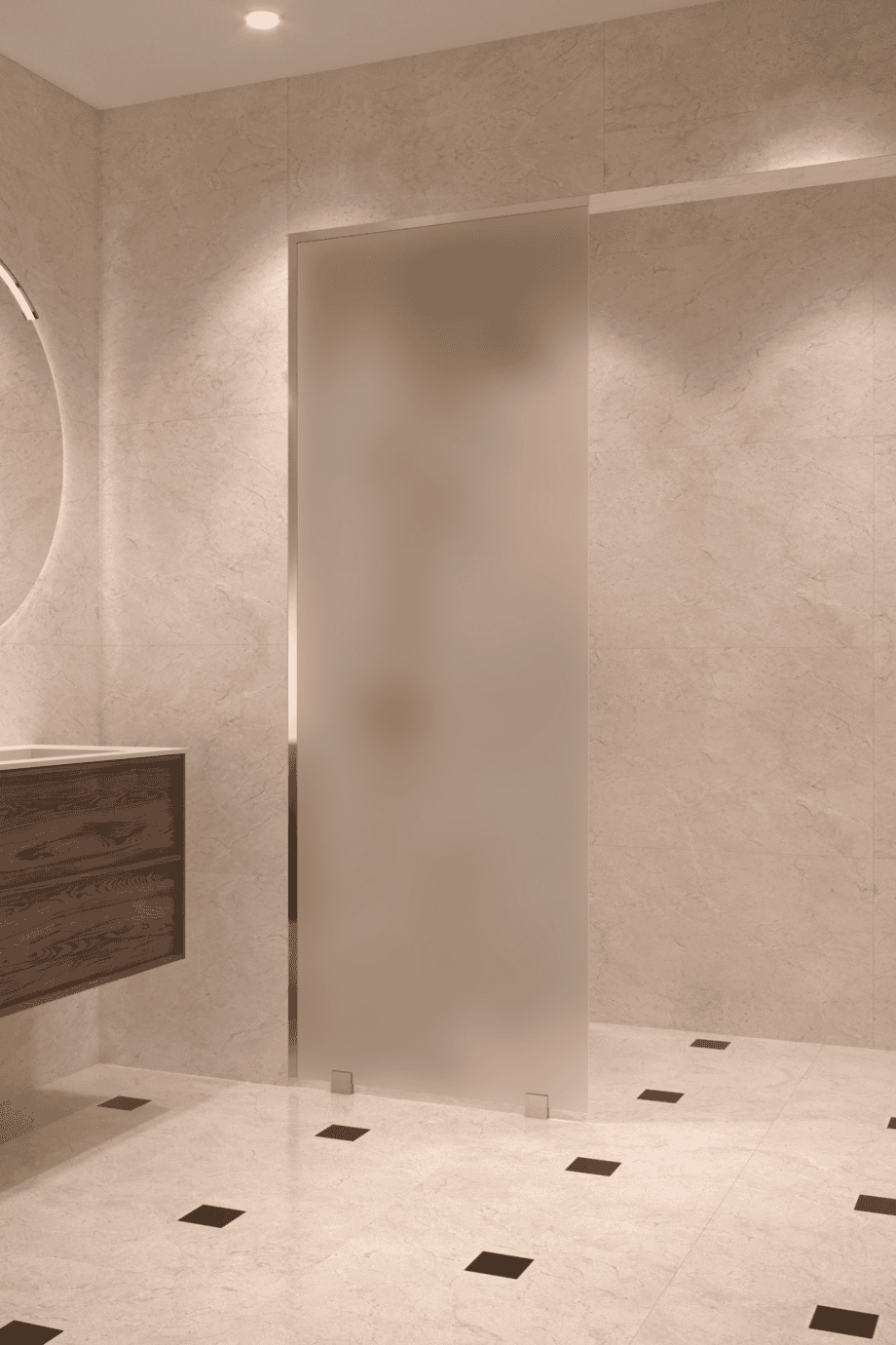 Partially framed fixed shower screen Hietakari Vetro 502, brass fittings, satin frosted glass Partially framed fixed shower screen Hietakari Vetro 502, brass fittings, satin frosted glass