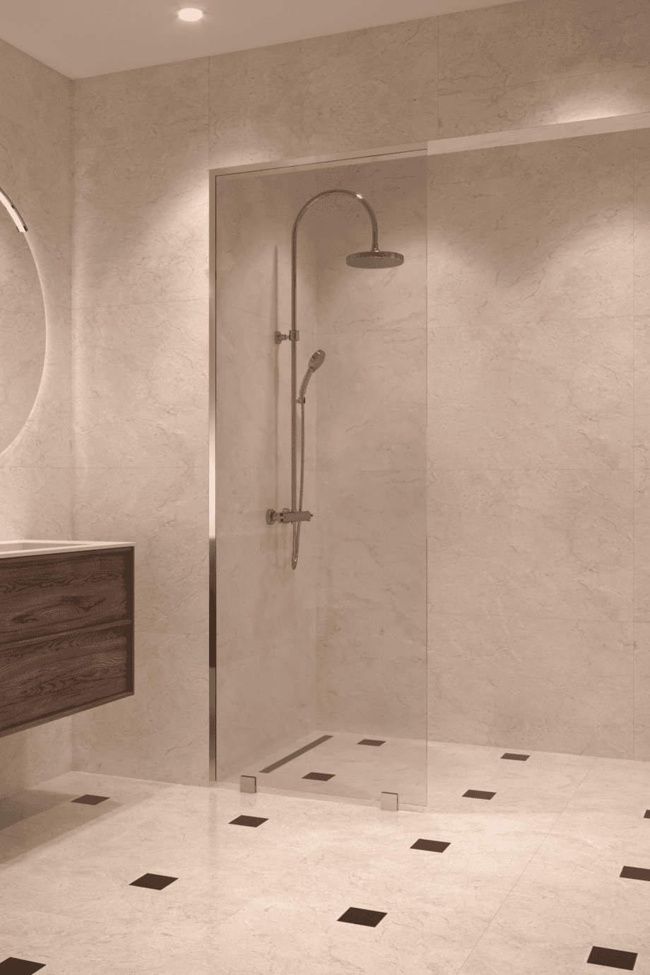 Partially framed fixed shower screen Hietakari Vetro 502, brass fittings, super bright glass Partially framed fixed shower screen Hietakari Vetro 502, brass fittings, super bright glass