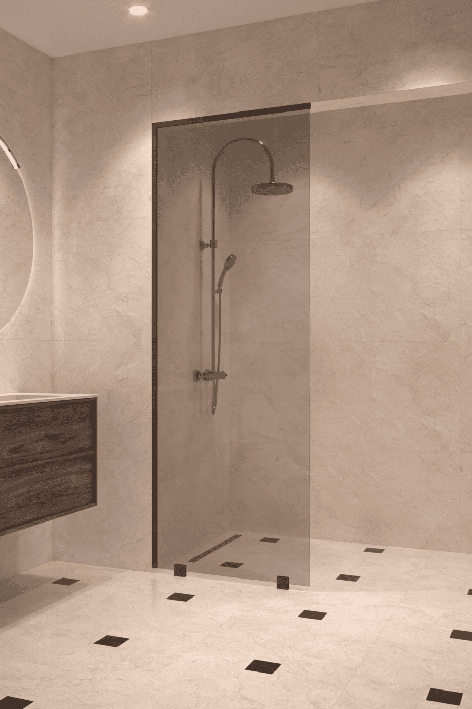 Partially framed fixed shower screen Hietakari Vetro 502, black fittings, grey tinted glass Partially framed fixed shower screen Hietakari Vetro 502, black fittings, grey tinted glass
