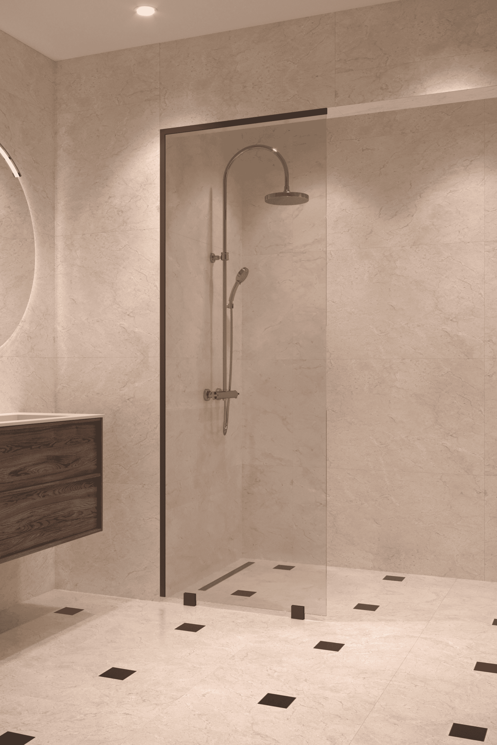 Partially framed fixed shower screen Hietakari Vetro 502, black fittings, clear glass Partially framed fixed shower screen Hietakari Vetro 502, black fittings, clear glass