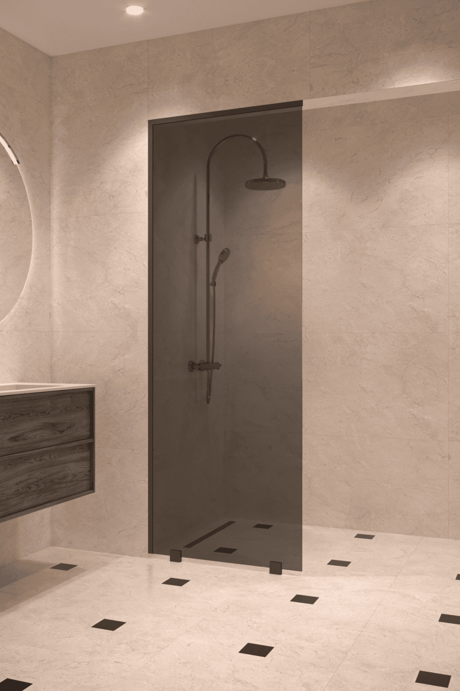 Partially framed fixed shower screen Hietakari Vetro 502, black fittings, black glass Partially framed fixed shower screen Hietakari Vetro 502, black fittings, black glass