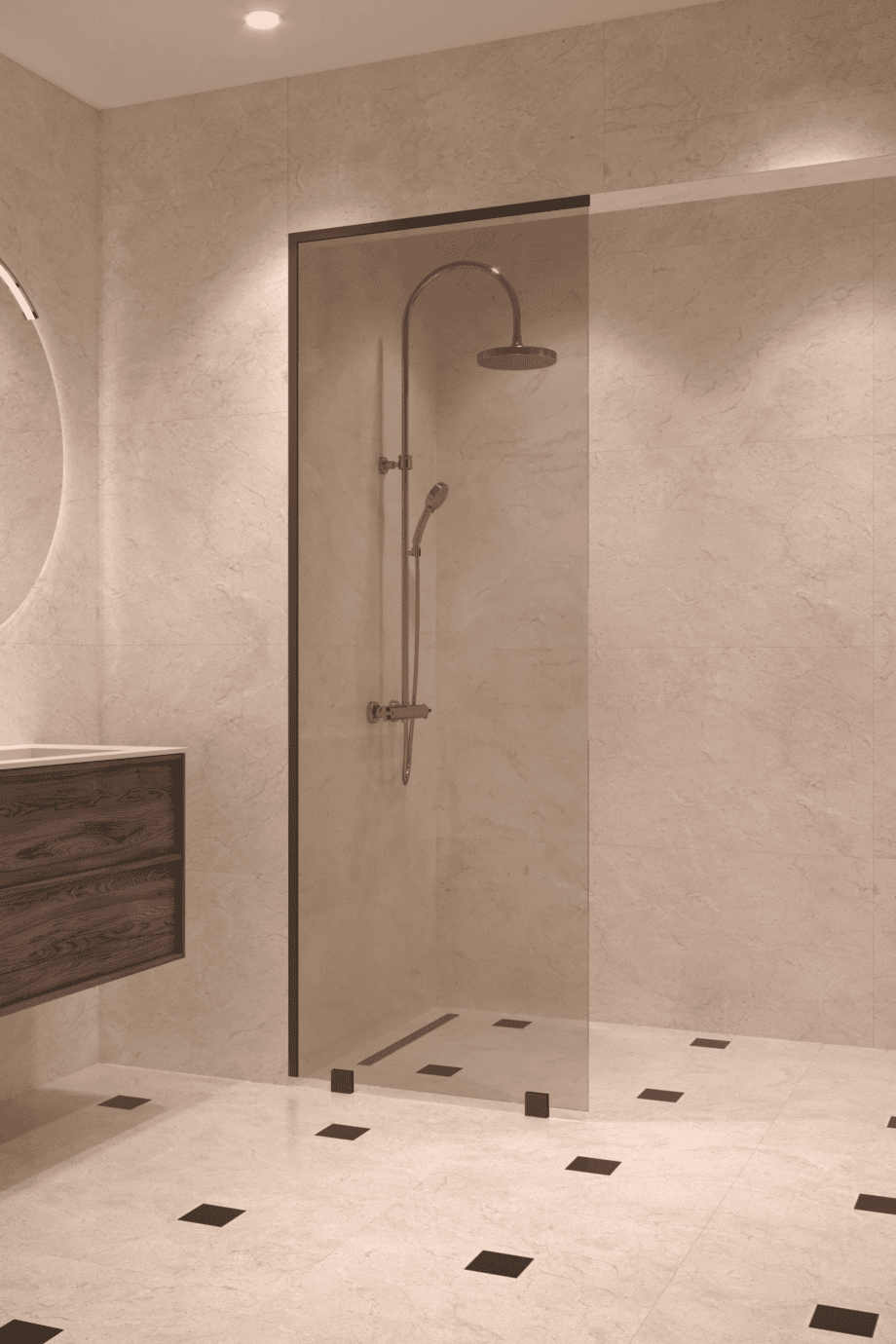 Partially framed fixed shower screen Hietakari Vetro 502, black fittings, bronze tinted glass Partially framed fixed shower screen Hietakari Vetro 502, black fittings, bronze tinted glass