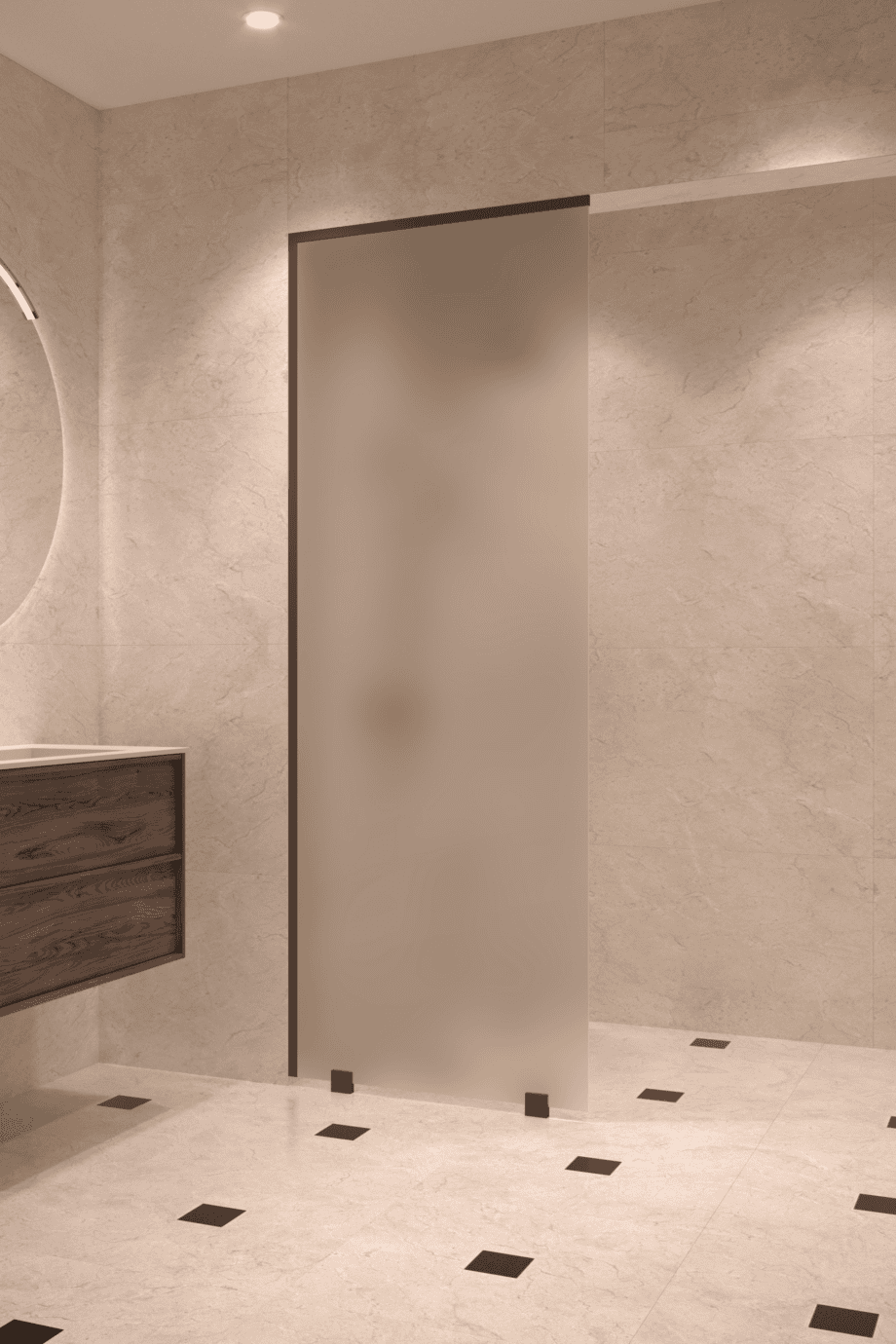 Partially framed fixed shower screen Hietakari Vetro 502, black fittings, satin frosted glass Partially framed fixed shower screen Hietakari Vetro 502, black fittings, satin frosted glass
