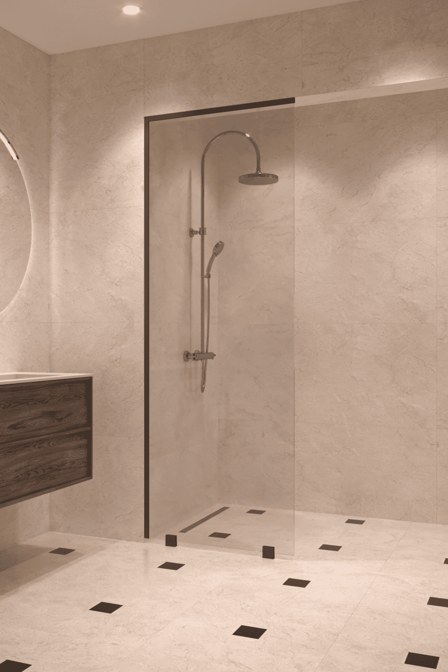Partially framed fixed shower screen Hietakari Vetro 502, black fittings, super bright glass Partially framed fixed shower screen Hietakari Vetro 502, black fittings, super bright glass