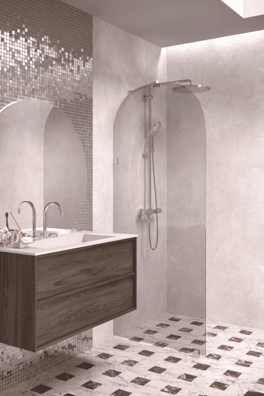 Arched fixed shower screen Hietakari Vetro 509, chrome fittings, grey tinted glass Arched fixed shower screen Hietakari Vetro 509, chrome fittings, grey tinted glass