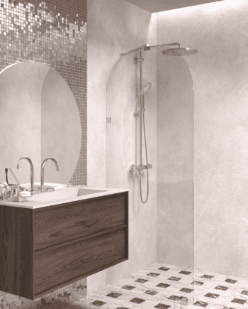 Arched fixed shower screen Hietakari Vetro 509, chrome fittings, clear glass