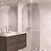 Arched fixed shower screen Hietakari Vetro 509, chrome fittings, bronze tinted glass Arched fixed shower screen Hietakari Vetro 509, chrome fittings, bronze tinted glass