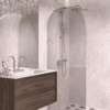 Arched fixed shower screen Hietakari Vetro 509, brass fittings, grey tinted glass Arched fixed shower screen Hietakari Vetro 509, brass fittings, grey tinted glass