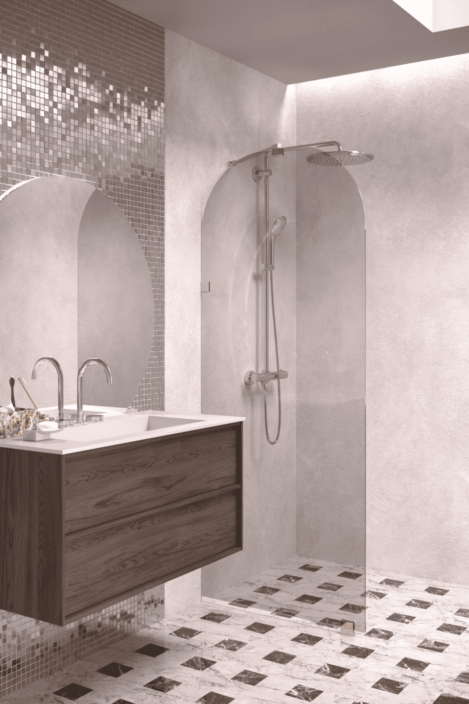 Arched fixed shower screen Hietakari Vetro 509, brass fittings, grey tinted glass Arched fixed shower screen Hietakari Vetro 509, brass fittings, grey tinted glass
