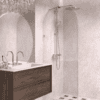 Arched fixed shower screen Hietakari Vetro 509, brass fittings, clear glass Arched fixed shower screen Hietakari Vetro 509, brass fittings, clear glass