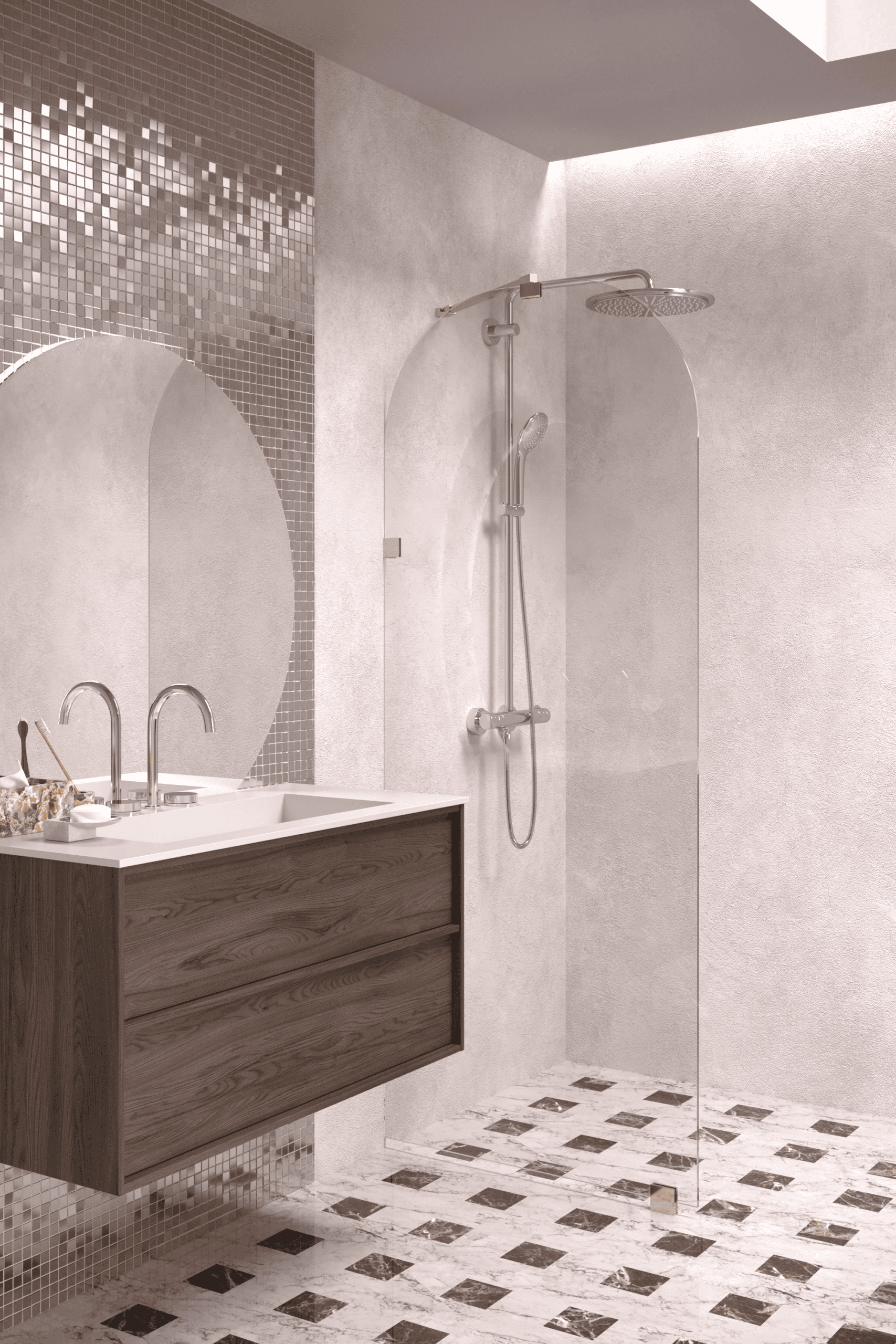 Arched fixed shower screen Hietakari Vetro 509, brass fittings, clear glass Arched fixed shower screen Hietakari Vetro 509, brass fittings, clear glass