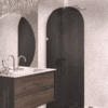 Arched fixed shower screen Hietakari Vetro 509, brass fittings, black glass Arched fixed shower screen Hietakari Vetro 509, brass fittings, black glass
