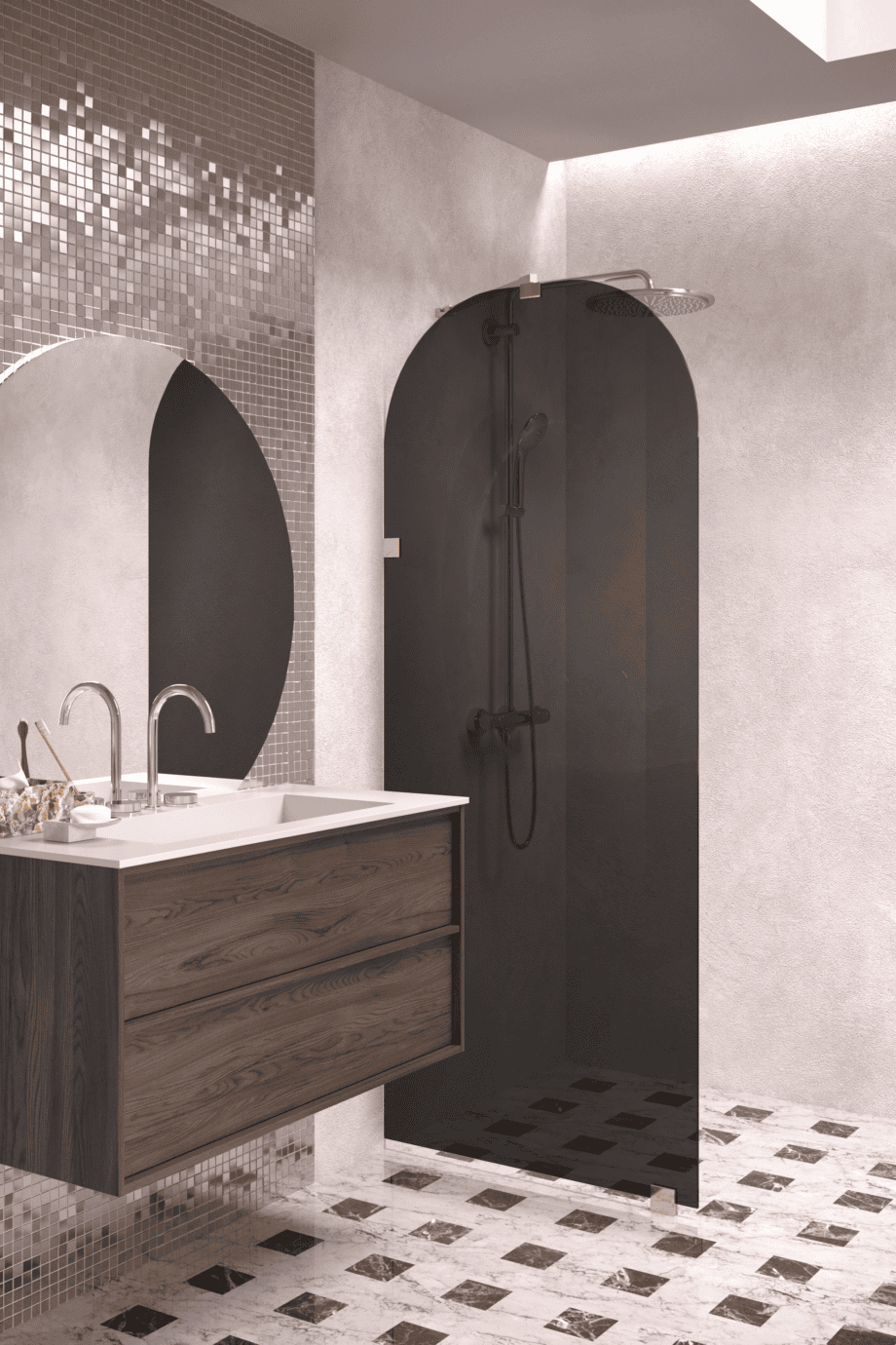 Arched fixed shower screen Hietakari Vetro 509, brass fittings, black glass Arched fixed shower screen Hietakari Vetro 509, brass fittings, black glass
