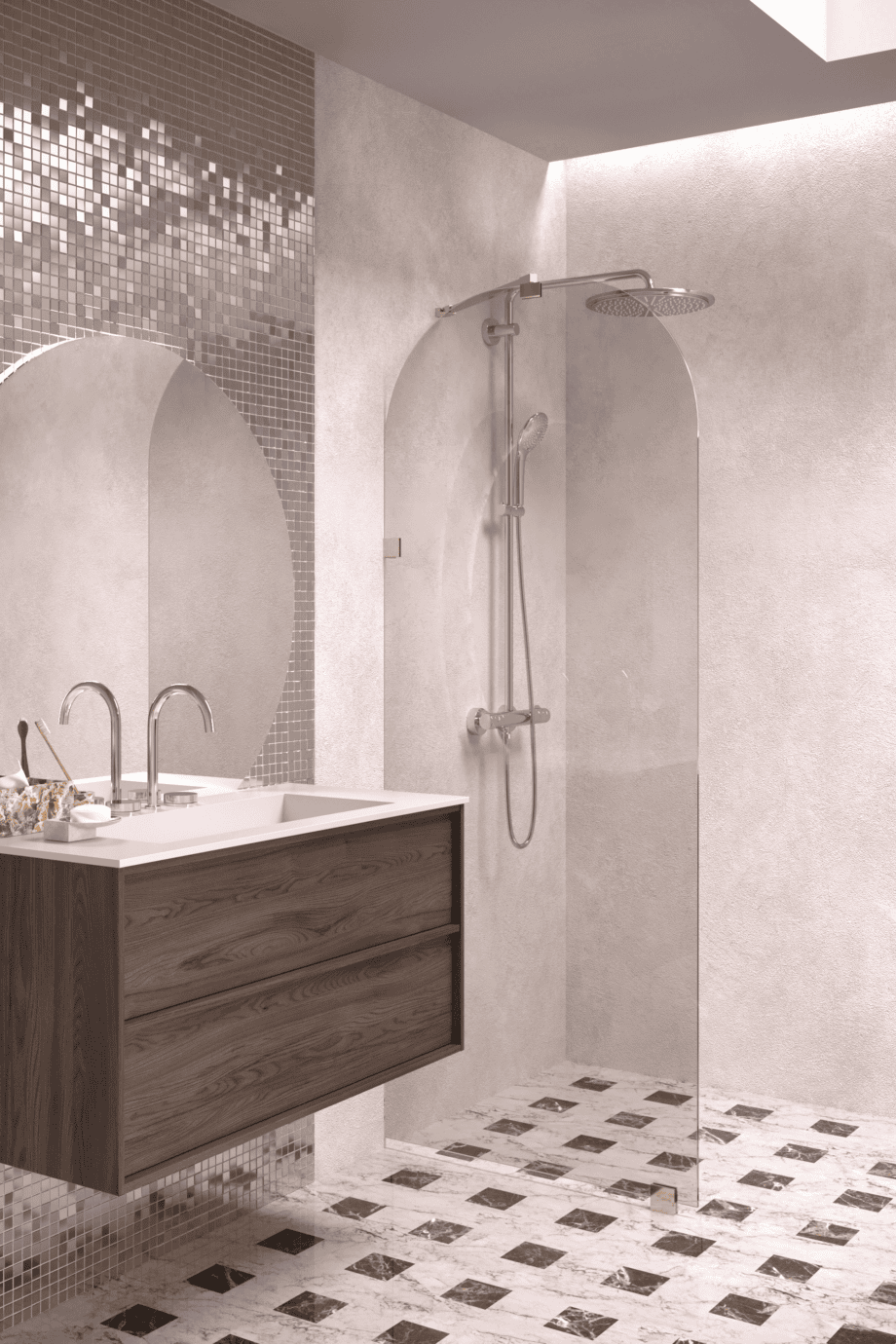 Arched fixed shower screen Hietakari Vetro 509, brass fittings, bronze tinted glass Arched fixed shower screen Hietakari Vetro 509, brass fittings, bronze tinted glass