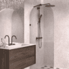 Arched fixed shower screen Hietakari Vetro 509, black fittings, grey tinted glass Arched fixed shower screen Hietakari Vetro 509, black fittings, grey tinted glass