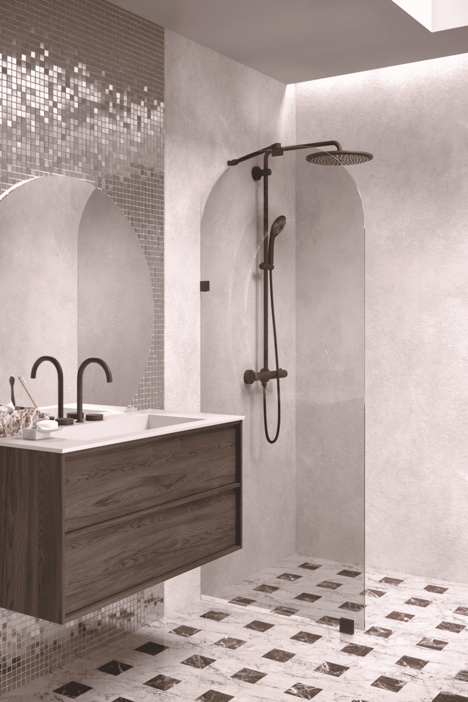 Arched fixed shower screen Hietakari Vetro 509, black fittings, grey tinted glass Arched fixed shower screen Hietakari Vetro 509, black fittings, grey tinted glass