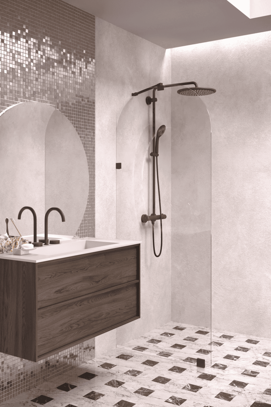 Arched fixed shower screen Hietakari Vetro 509, black fittings, clear glass Arched fixed shower screen Hietakari Vetro 509, black fittings, clear glass