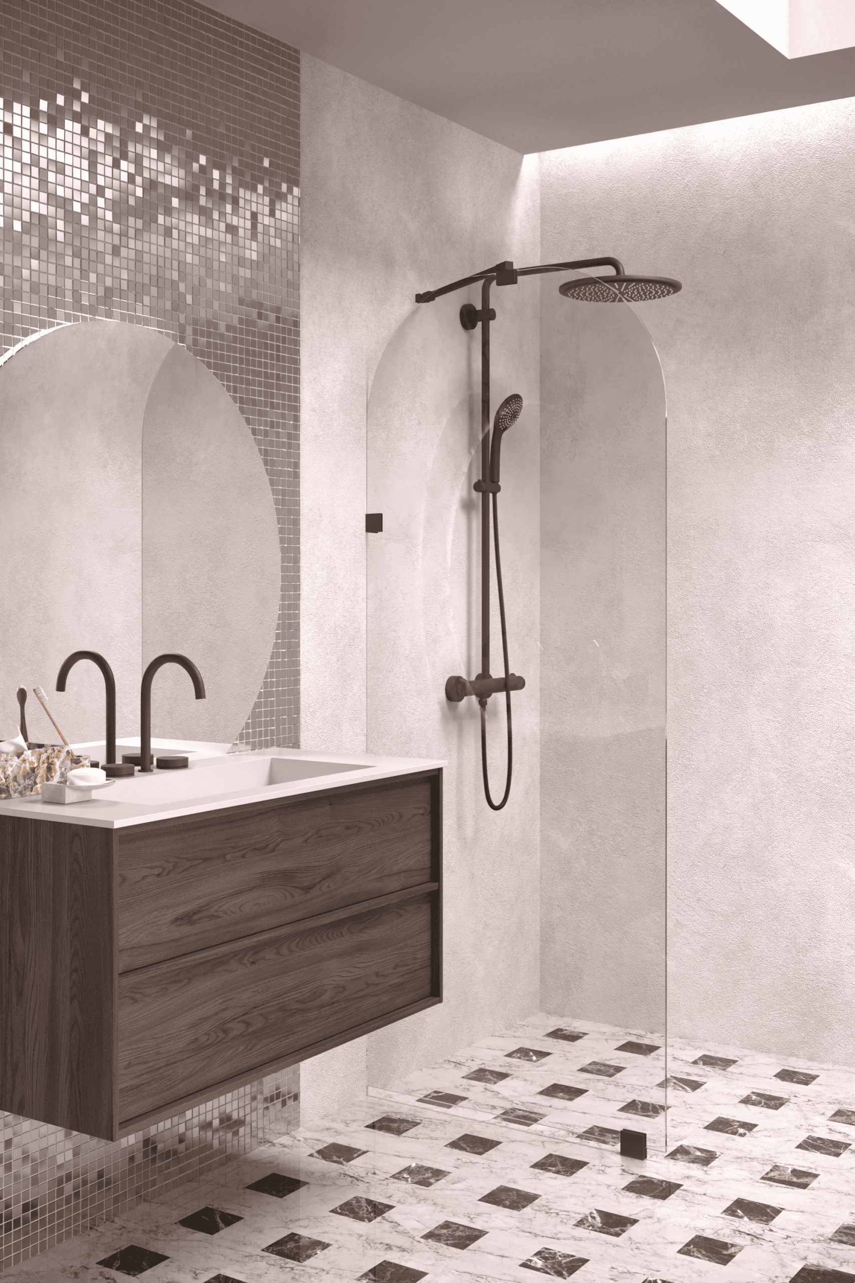 Arched fixed shower screen Hietakari Vetro 509, black fittings, clear glass Arched fixed shower screen Hietakari Vetro 509, black fittings, clear glass