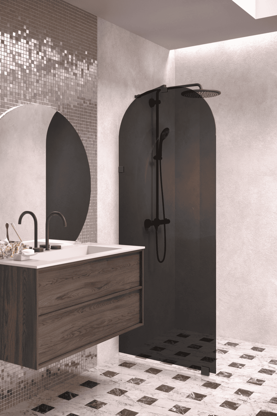 Arched fixed shower screen Hietakari Vetro 509, black fittings, black glass Arched fixed shower screen Hietakari Vetro 509, black fittings, black glass