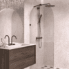 Arched fixed shower screen Hietakari Vetro 509, black fittings, bronze tinted glass Arched fixed shower screen Hietakari Vetro 509, black fittings, bronze tinted glass
