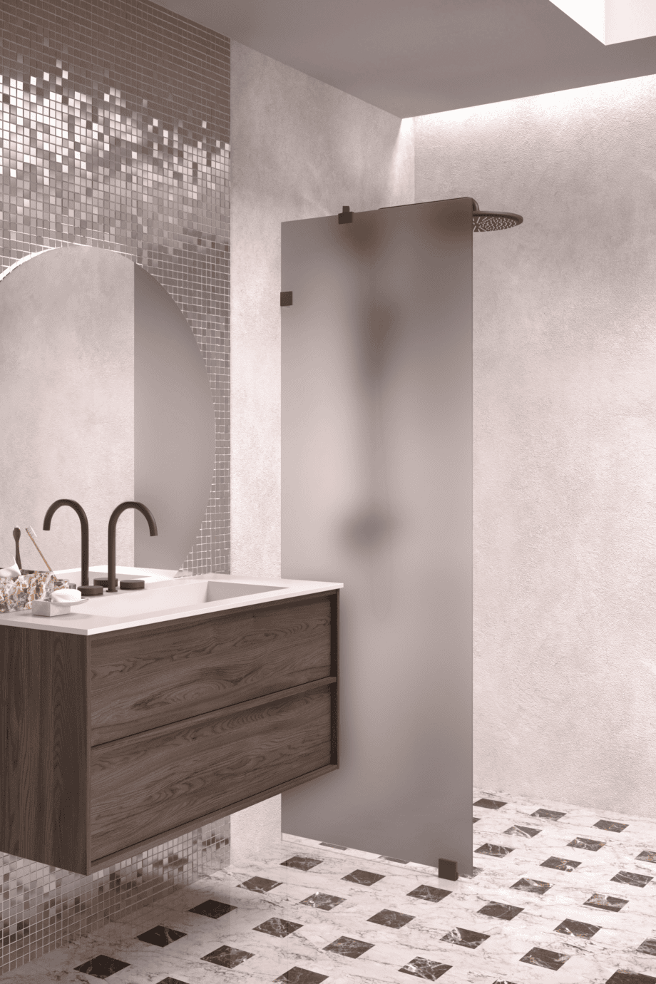 Fixed shower screen Hietakari Vetro 511, Cocoa fittings, grey satin glass Fixed shower screen Hietakari Vetro 511, Cocoa fittings, grey satin glass