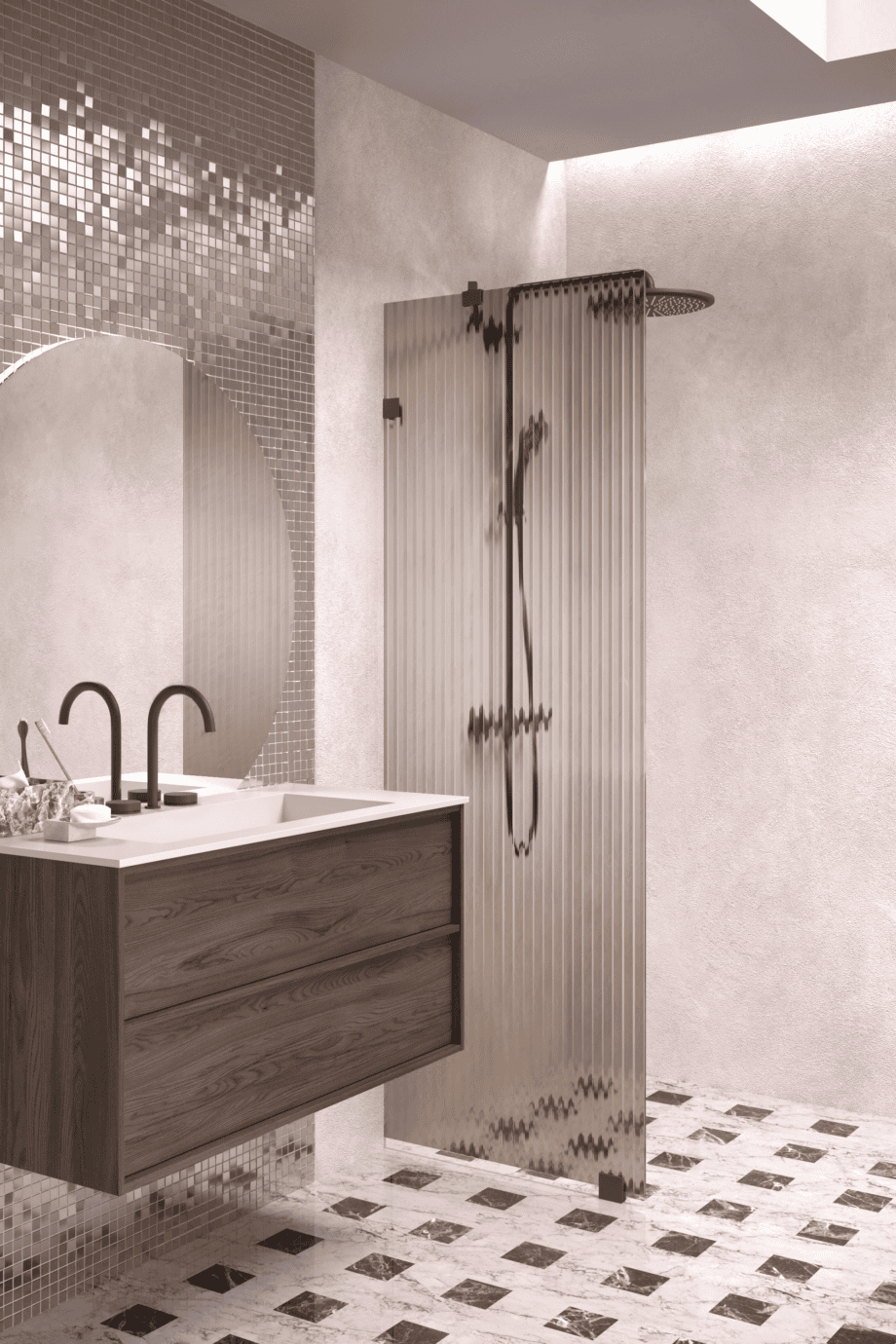 Fixed shower screen Hietakari Vetro 511, Cocoa fittings, brown reeded glass Fixed shower screen Hietakari Vetro 511, Cocoa fittings, brown reeded glass