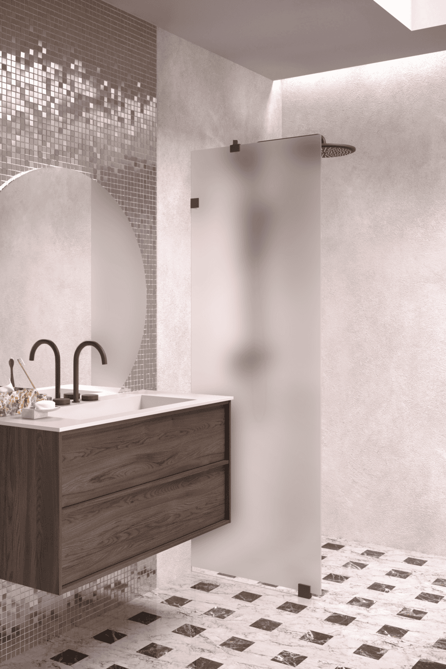 Fixed shower screen Hietakari Vetro 511, Cocoa fittings, satin frosted glass Fixed shower screen Hietakari Vetro 511, Cocoa fittings, satin frosted glass
