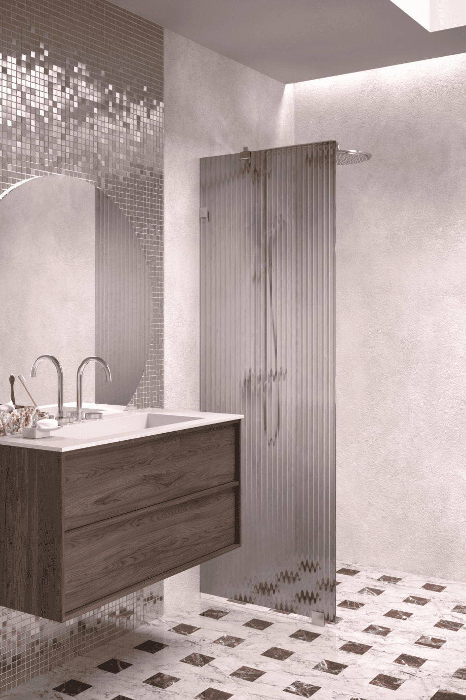 Fixed shower screen Hietakari Vetro 511, brushed fittings, grey reeded glass Fixed shower screen Hietakari Vetro 511, brushed fittings, grey reeded glass