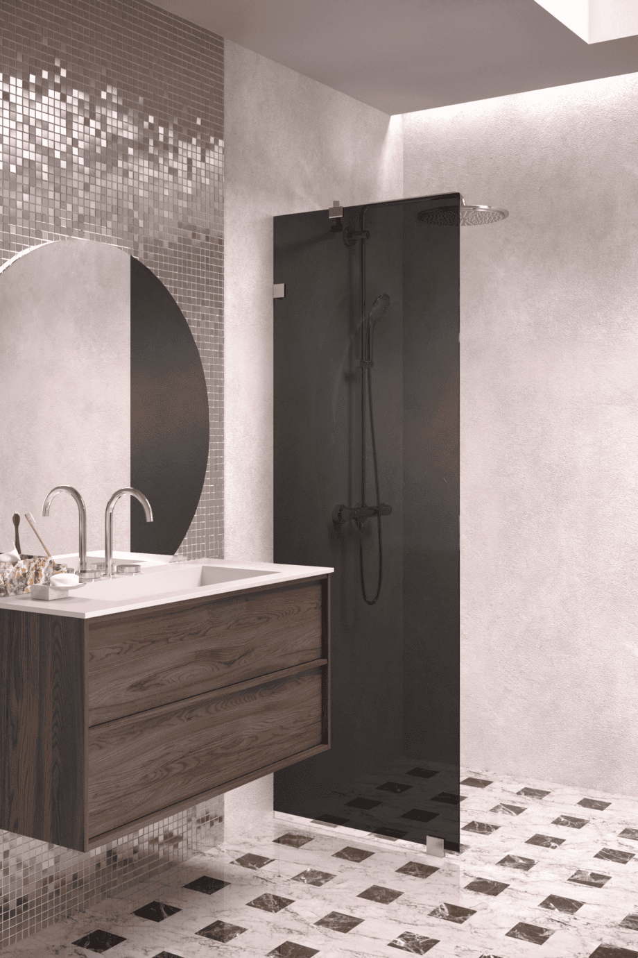 Fixed shower screen Hietakari Vetro 511, brushed fittings, black glass Fixed shower screen Hietakari Vetro 511, brushed fittings, black glass