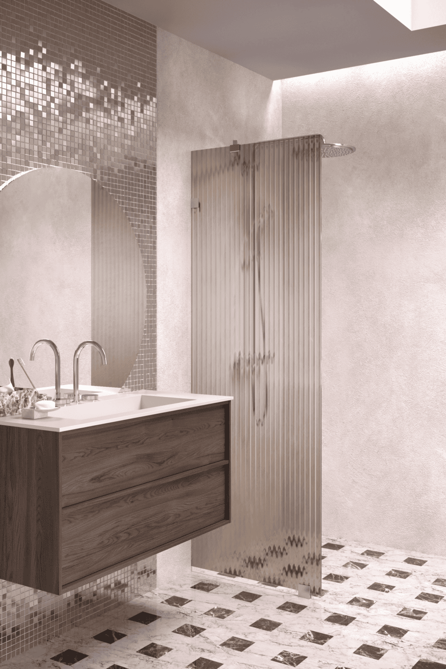 Fixed shower screen Hietakari Vetro 511, brushed fittings, brown reeded glass Fixed shower screen Hietakari Vetro 511, brushed fittings, brown reeded glass