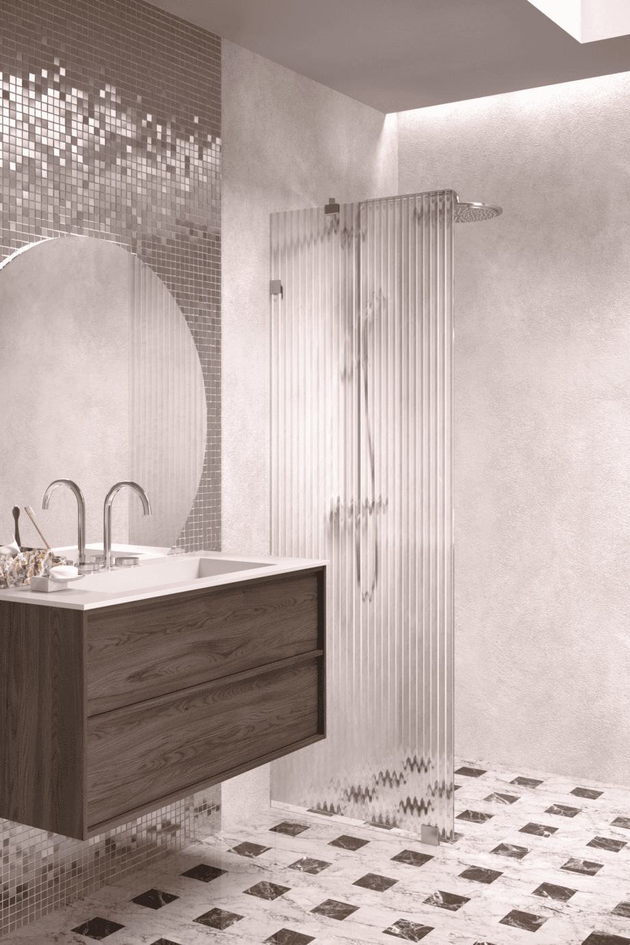 Fixed shower screen Hietakari Vetro 511, brushed fittings, reeded glass Fixed shower screen Hietakari Vetro 511, brushed fittings, reeded glass