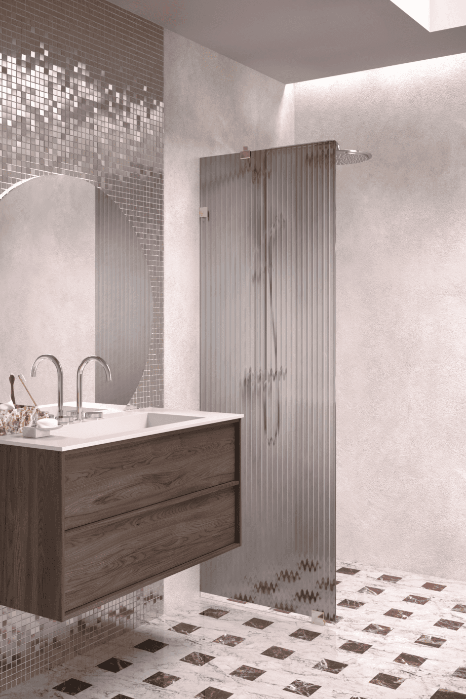 Fixed shower screen Hietakari Vetro 511, brass fittings, grey reeded glass Fixed shower screen Hietakari Vetro 511, brass fittings, grey reeded glass