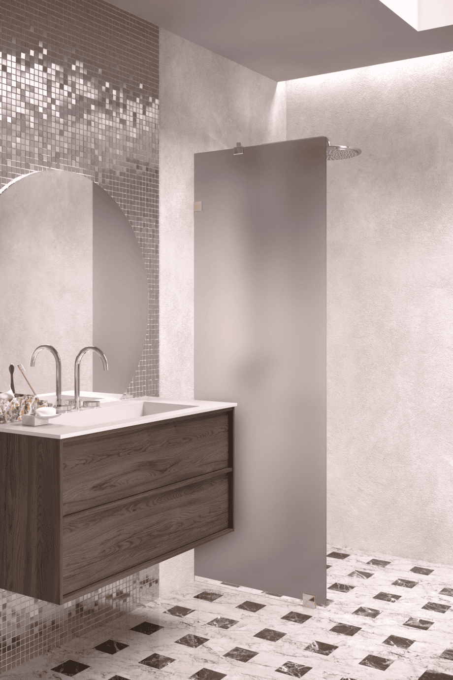 Fixed shower screen Hietakari Vetro 511, brass fittings, grey satin glass Fixed shower screen Hietakari Vetro 511, brass fittings, grey satin glass