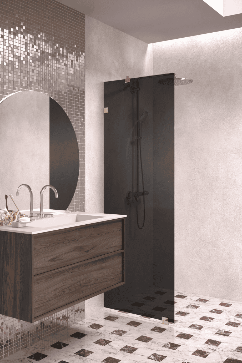Fixed shower screen Hietakari Vetro 511, brass fittings, black glass Fixed shower screen Hietakari Vetro 511, brass fittings, black glass