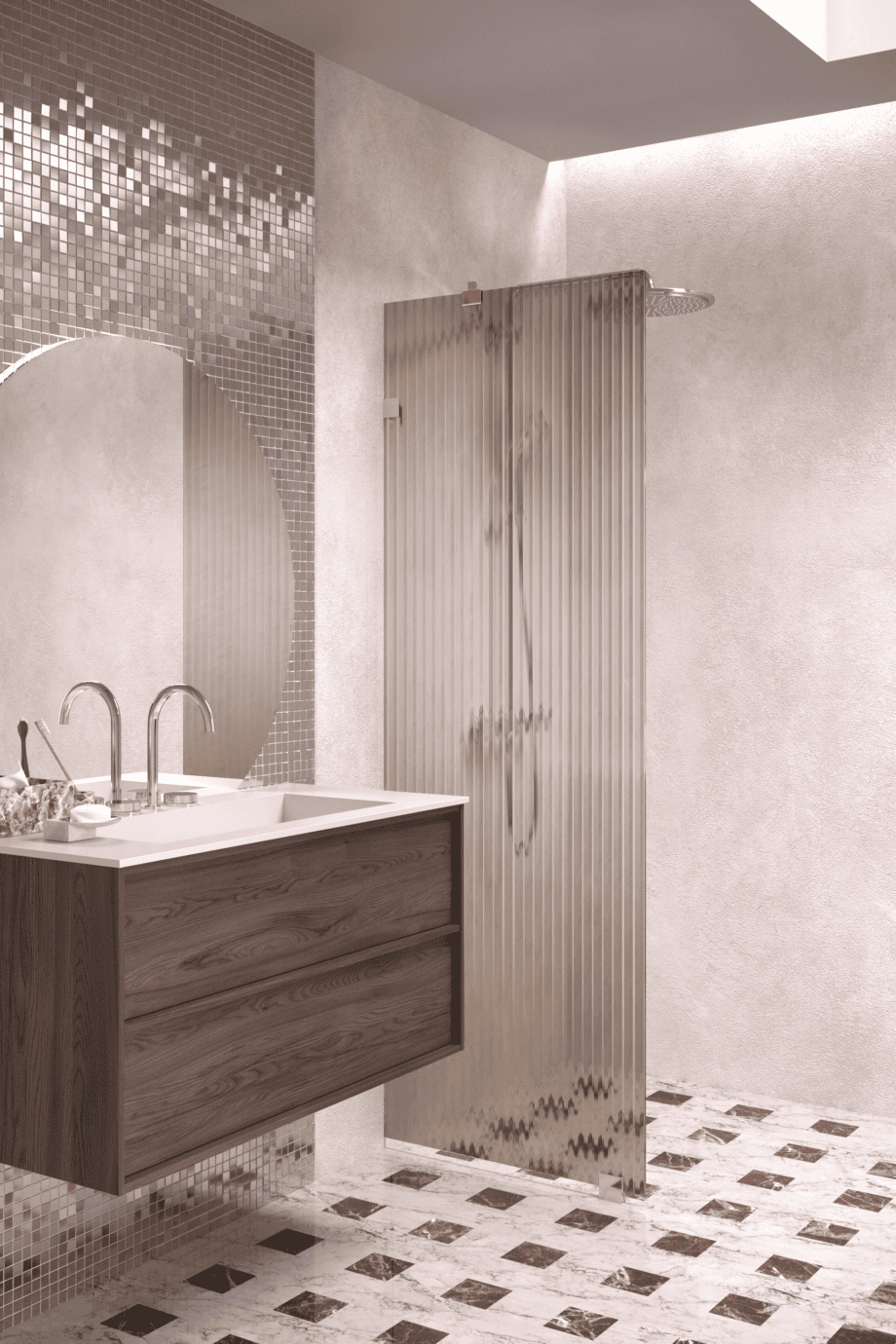 Fixed shower screen Hietakari Vetro 511, brass fittings, brown reeded glass Fixed shower screen Hietakari Vetro 511, brass fittings, brown reeded glass