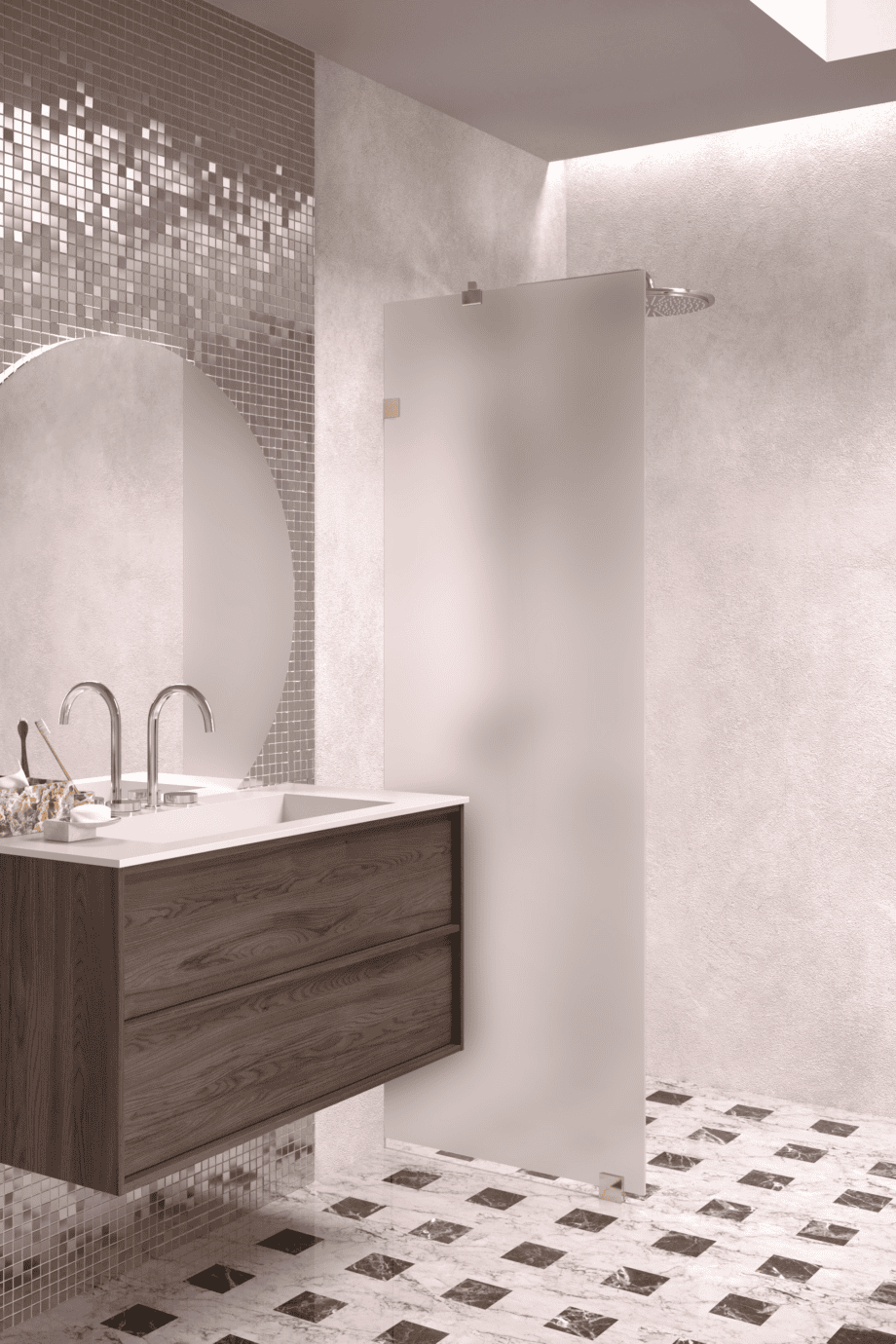 Fixed shower screen Hietakari Vetro 511, brass fittings, satin frosted glass Fixed shower screen Hietakari Vetro 511, brass fittings, satin frosted glass