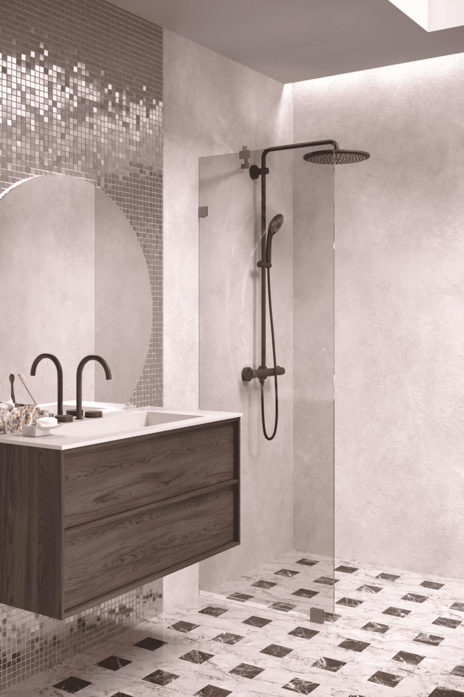 Fixed shower screen Hietakari Vetro 511, Mocha fittings, bronze tinted glass Fixed shower screen Hietakari Vetro 511, Mocha fittings, bronze tinted glass