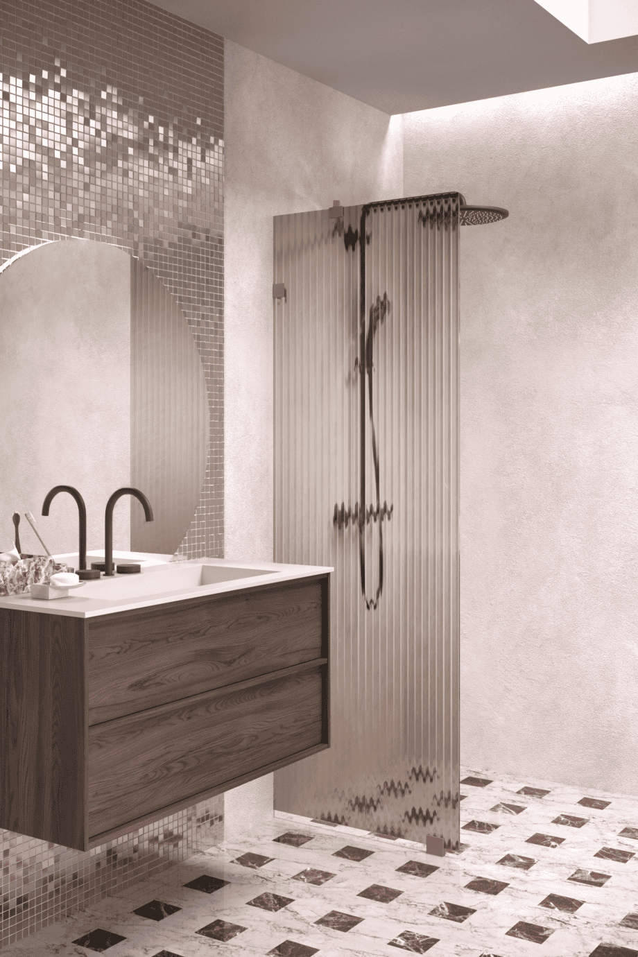 Fixed shower screen Hietakari Vetro 511, Mocha fittings, brown reeded glass Fixed shower screen Hietakari Vetro 511, Mocha fittings, brown reeded glass