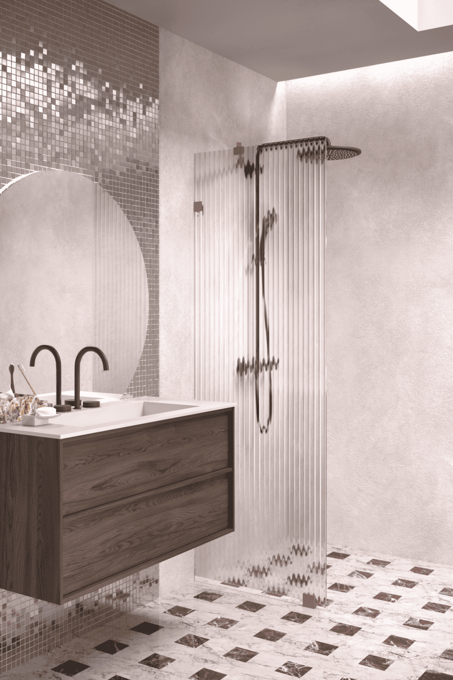 Fixed shower screen Hietakari Vetro 511, Mocha fittings, reeded glass Fixed shower screen Hietakari Vetro 511, Mocha fittings, reeded glass