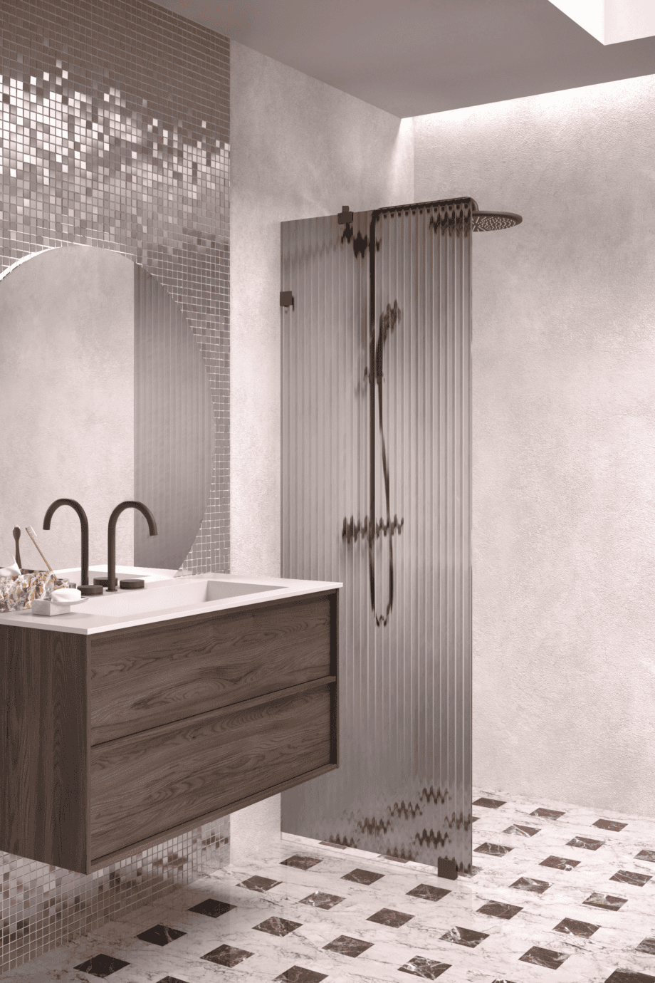 Fixed shower screen Hietakari Vetro 511, black fittings, grey reeded glass Fixed shower screen Hietakari Vetro 511, black fittings, grey reeded glass