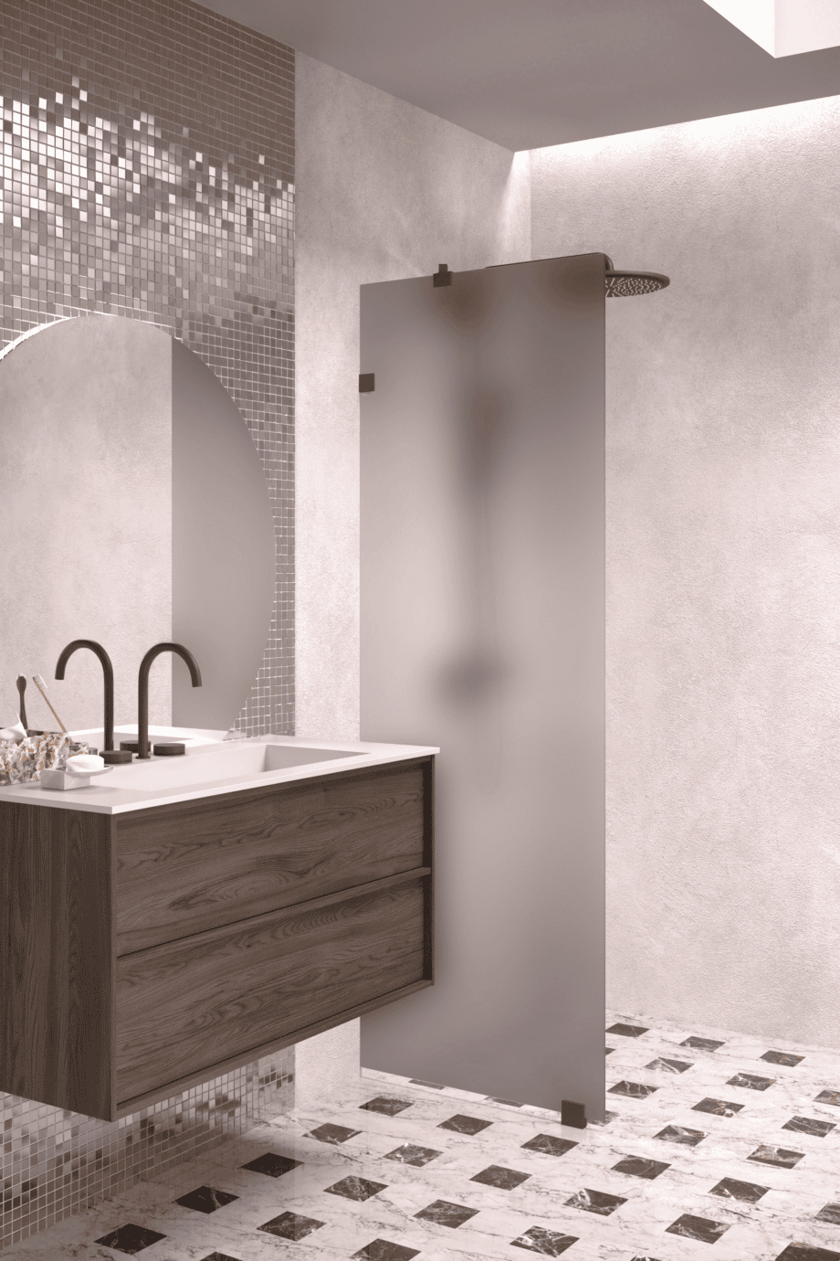 Fixed shower screen Hietakari Vetro 511, black fittings, grey satin glass Fixed shower screen Hietakari Vetro 511, black fittings, grey satin glass