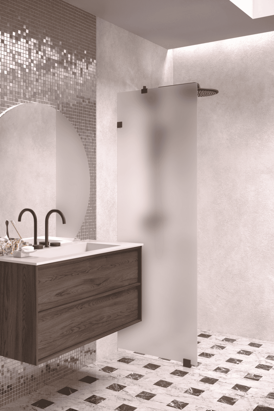 Fixed shower screen Hietakari Vetro 511, black fittings, satin frosted glass Fixed shower screen Hietakari Vetro 511, black fittings, satin frosted glass