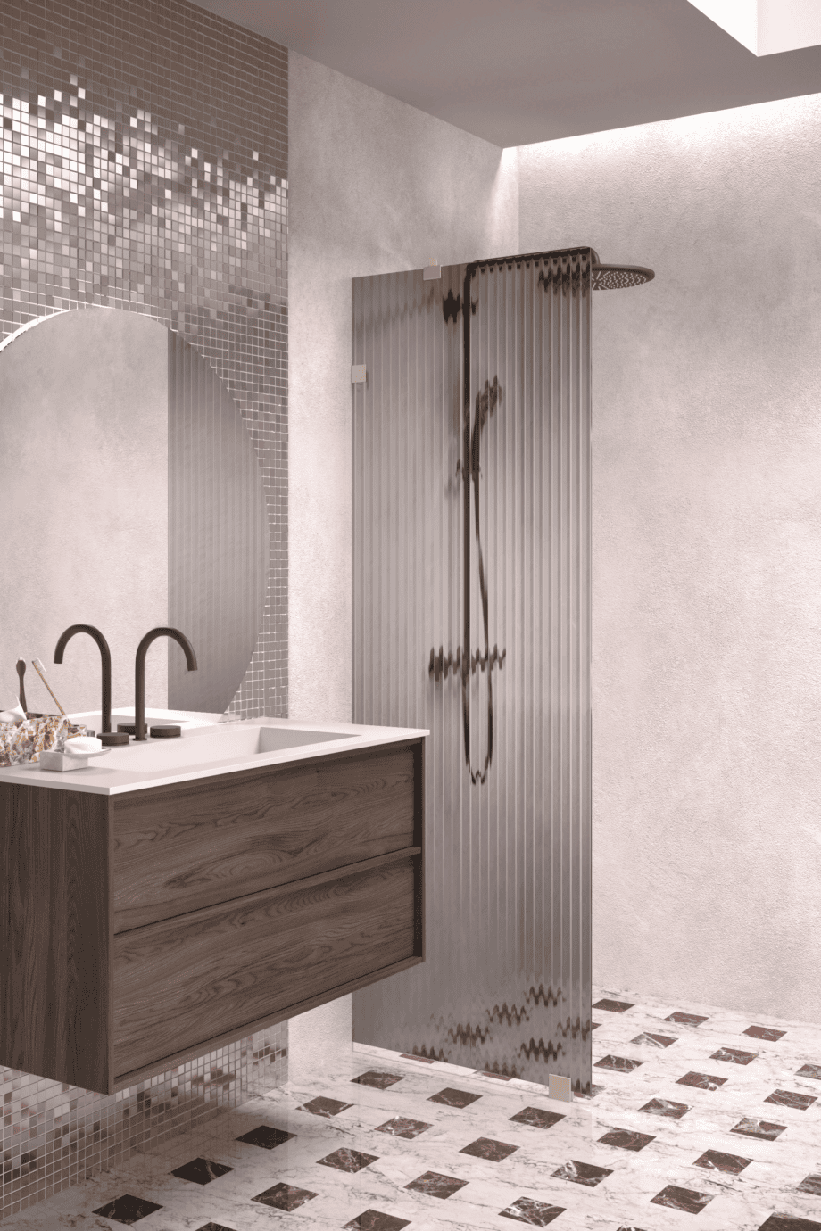 Fixed shower screen Hietakari Vetro 511, Sand fittings, grey reeded glass Fixed shower screen Hietakari Vetro 511, Sand fittings, grey reeded glass