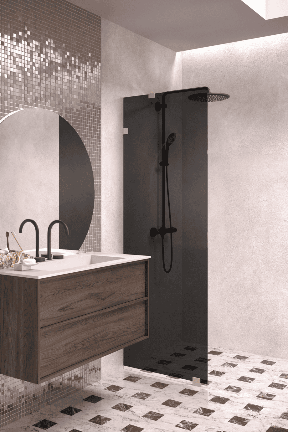 Fixed shower screen Hietakari Vetro 511, Sand fittings, black glass Fixed shower screen Hietakari Vetro 511, Sand fittings, black glass