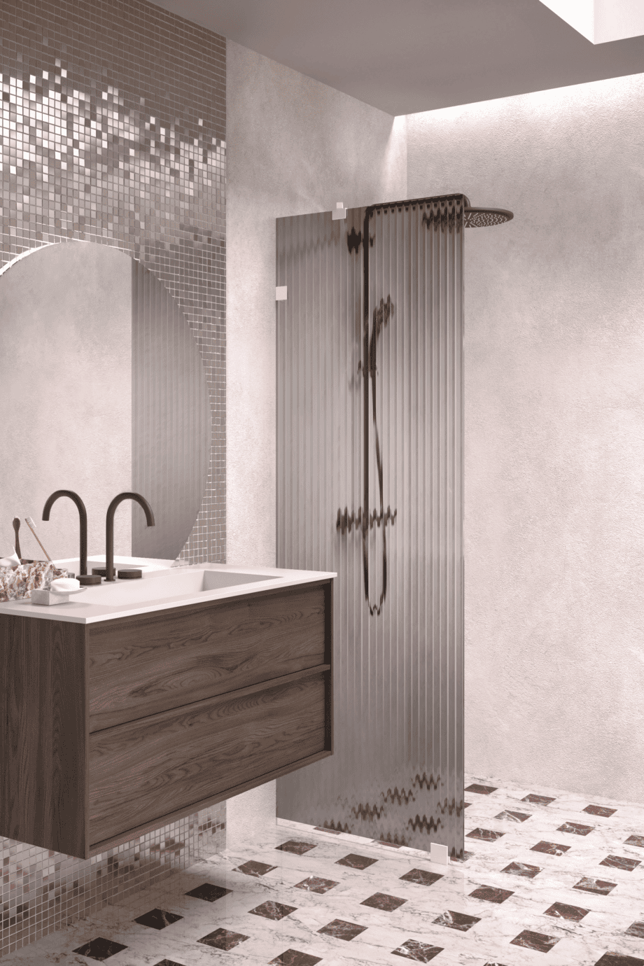Fixed shower screen Hietakari Vetro 511, white fittings, grey reeded glass Fixed shower screen Hietakari Vetro 511, white fittings, grey reeded glass