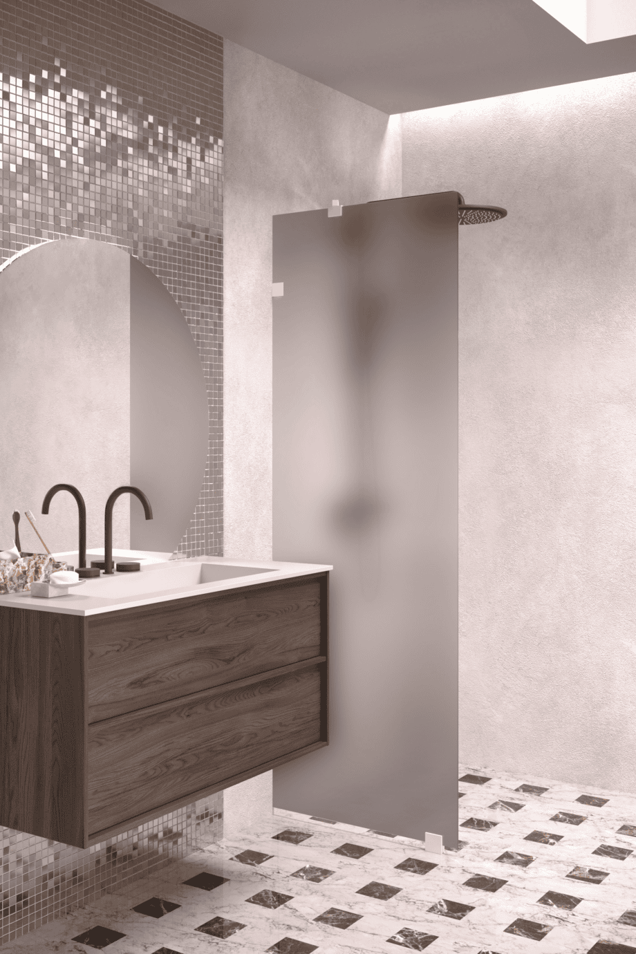Fixed shower screen Hietakari Vetro 511, white fittings, grey satin glass Fixed shower screen Hietakari Vetro 511, white fittings, grey satin glass