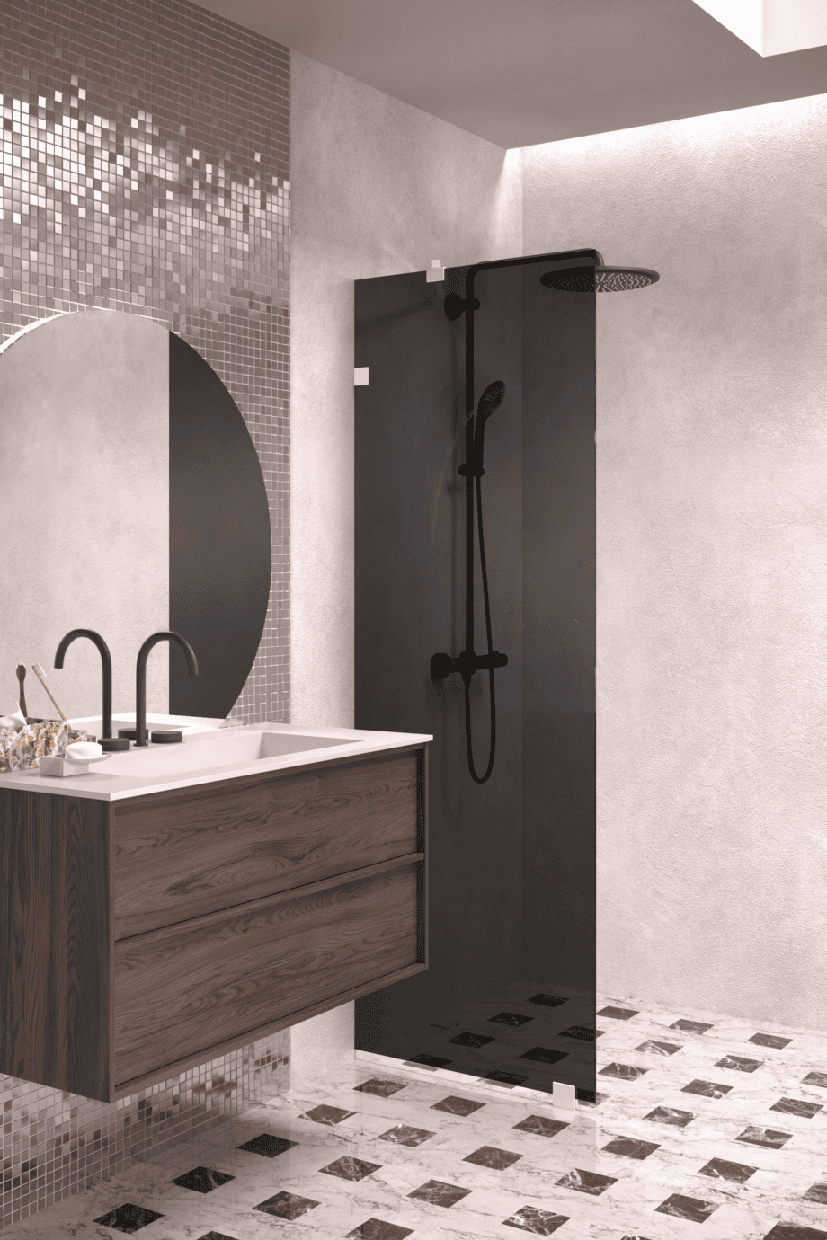 Fixed shower screen Hietakari Vetro 511, white fittings, black glass Fixed shower screen Hietakari Vetro 511, white fittings, black glass